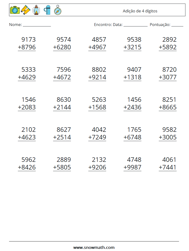 (25) Adição de 4 dígitos planilhas matemáticas 17