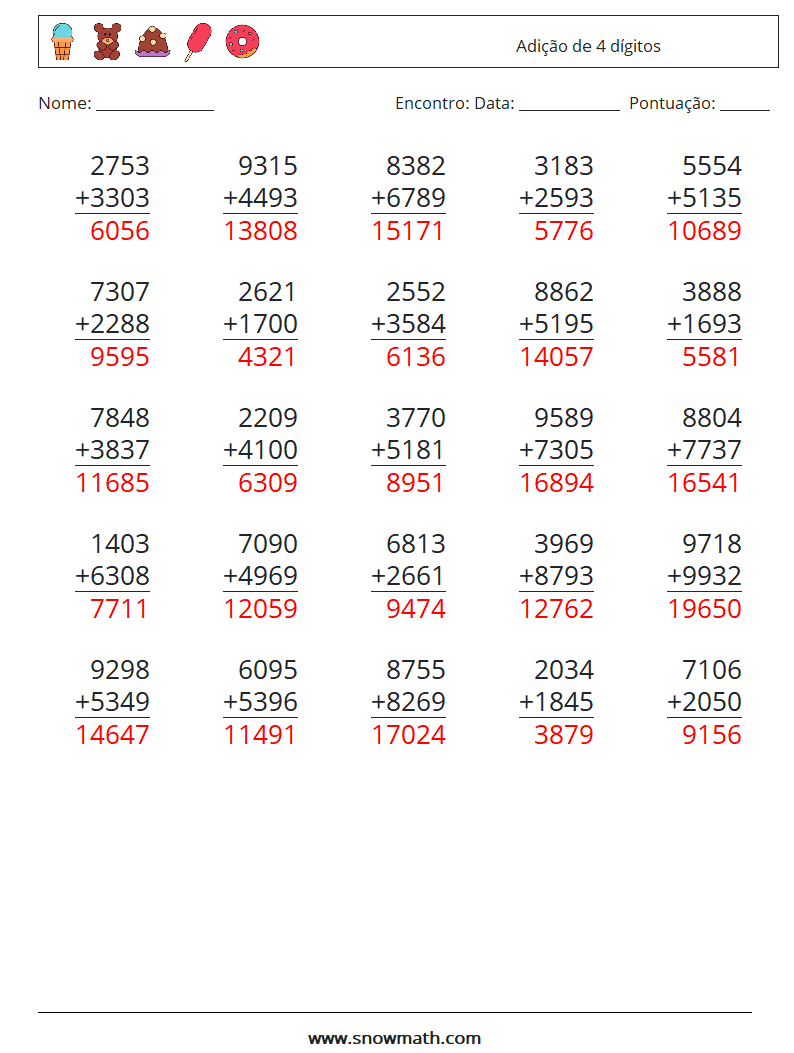 (25) Adição de 4 dígitos planilhas matemáticas 18 Pergunta, Resposta