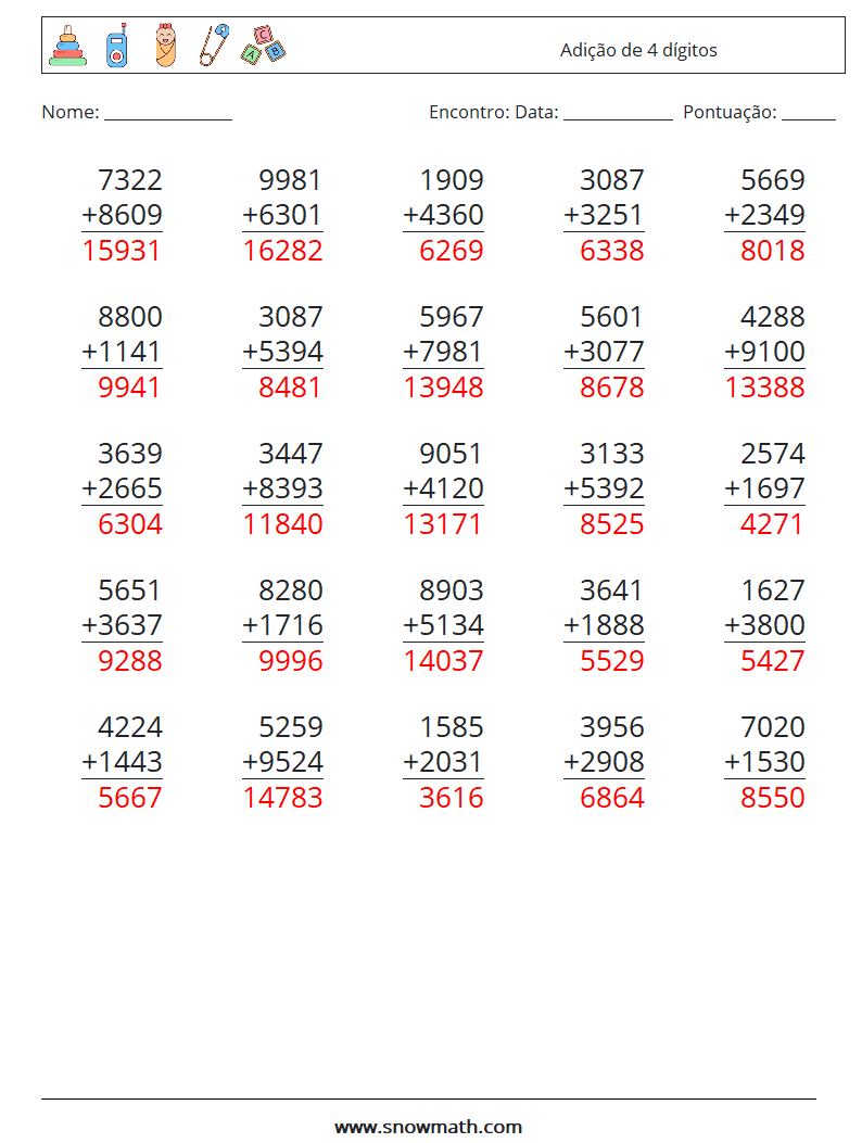 (25) Adição de 4 dígitos planilhas matemáticas 1 Pergunta, Resposta