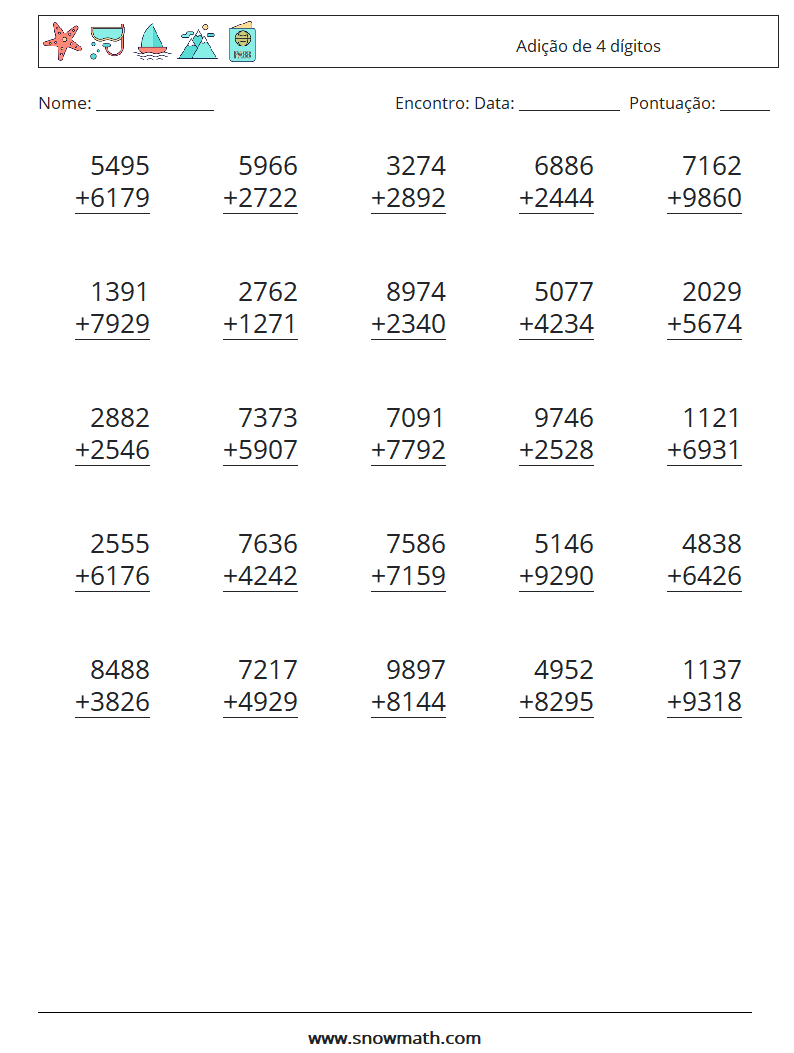 (25) Adição de 4 dígitos planilhas matemáticas 2