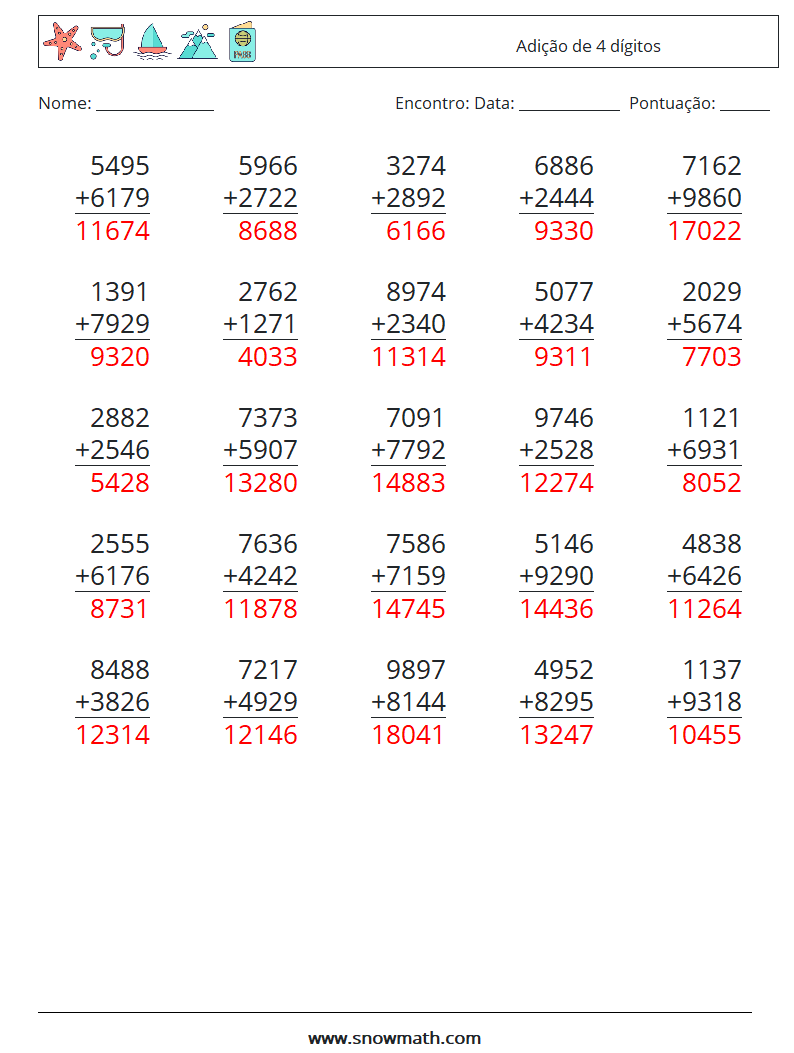 (25) Adição de 4 dígitos planilhas matemáticas 2 Pergunta, Resposta