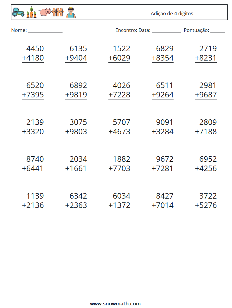 (25) Adição de 4 dígitos planilhas matemáticas 3