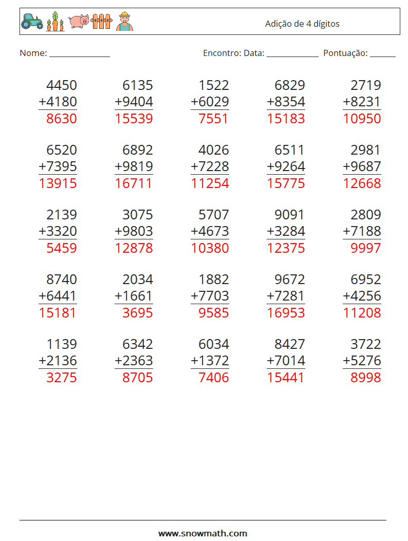 (25) Adição de 4 dígitos planilhas matemáticas 3 Pergunta, Resposta