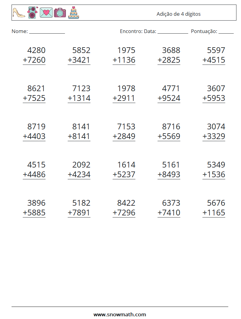 (25) Adição de 4 dígitos planilhas matemáticas 4