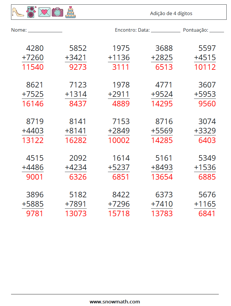 (25) Adição de 4 dígitos planilhas matemáticas 4 Pergunta, Resposta