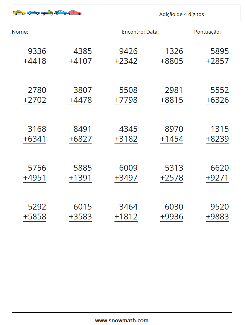 (25) Adição de 4 dígitos planilhas matemáticas 5