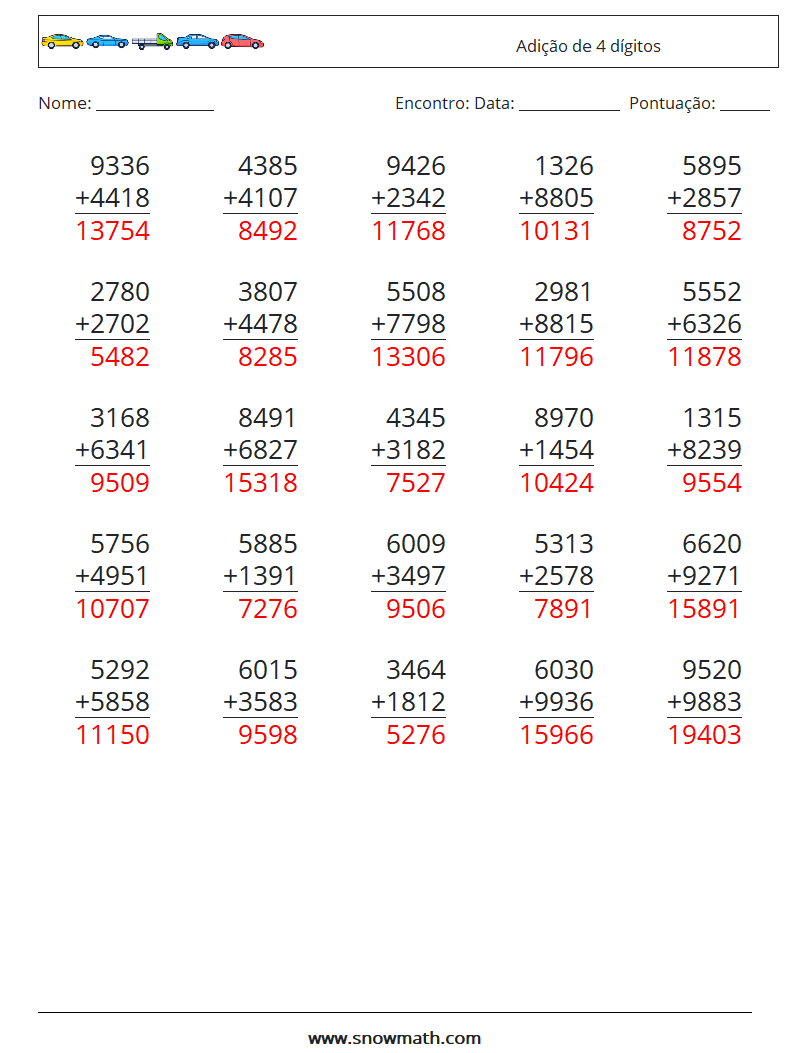 (25) Adição de 4 dígitos planilhas matemáticas 5 Pergunta, Resposta