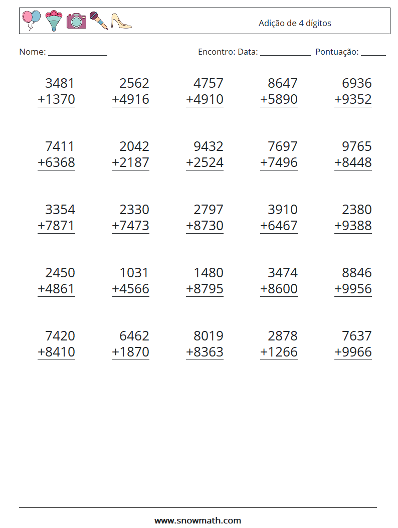 (25) Adição de 4 dígitos planilhas matemáticas 6