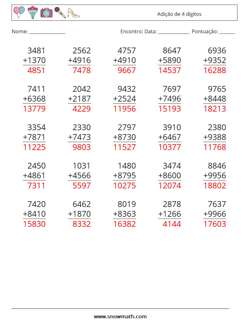 (25) Adição de 4 dígitos planilhas matemáticas 6 Pergunta, Resposta