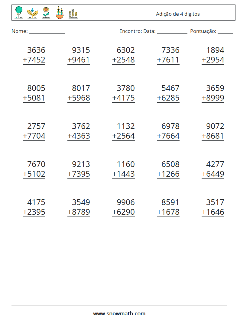 (25) Adição de 4 dígitos planilhas matemáticas 7