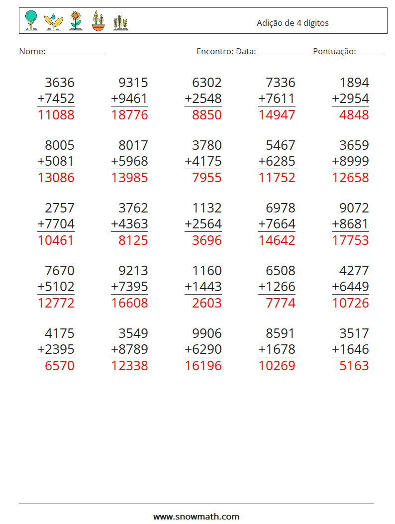 (25) Adição de 4 dígitos planilhas matemáticas 7 Pergunta, Resposta