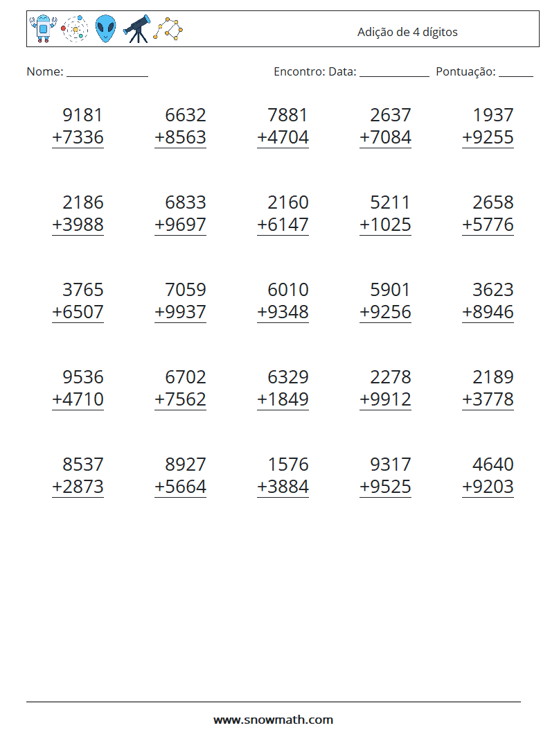 (25) Adição de 4 dígitos planilhas matemáticas 8