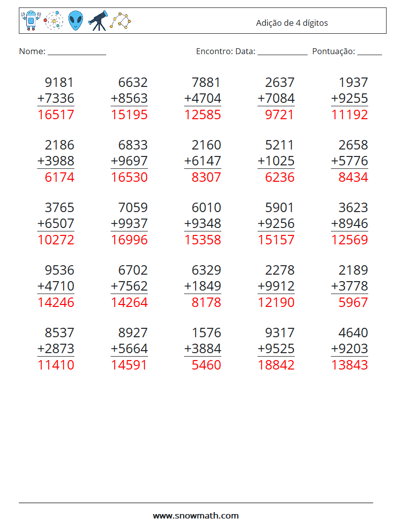 (25) Adição de 4 dígitos planilhas matemáticas 8 Pergunta, Resposta