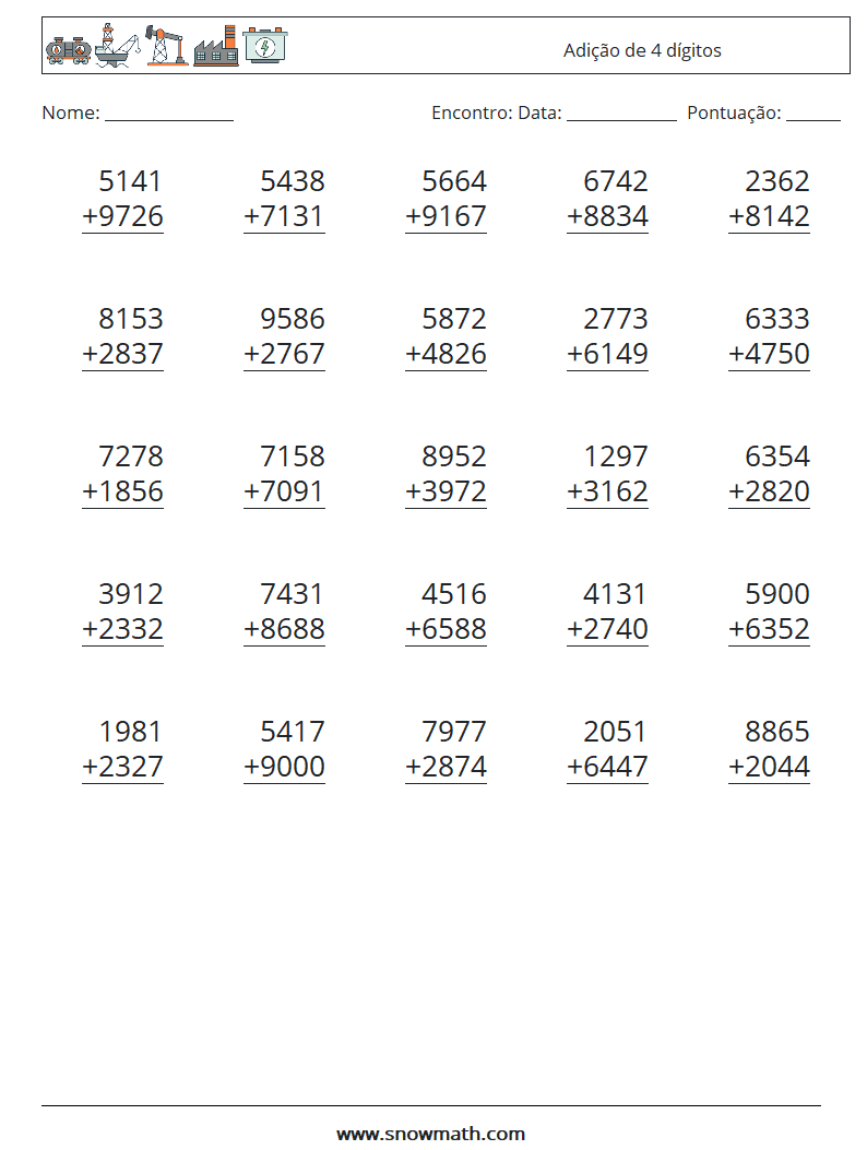 (25) Adição de 4 dígitos planilhas matemáticas 9