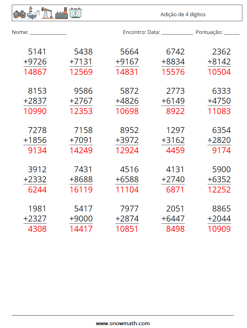 (25) Adição de 4 dígitos planilhas matemáticas 9 Pergunta, Resposta
