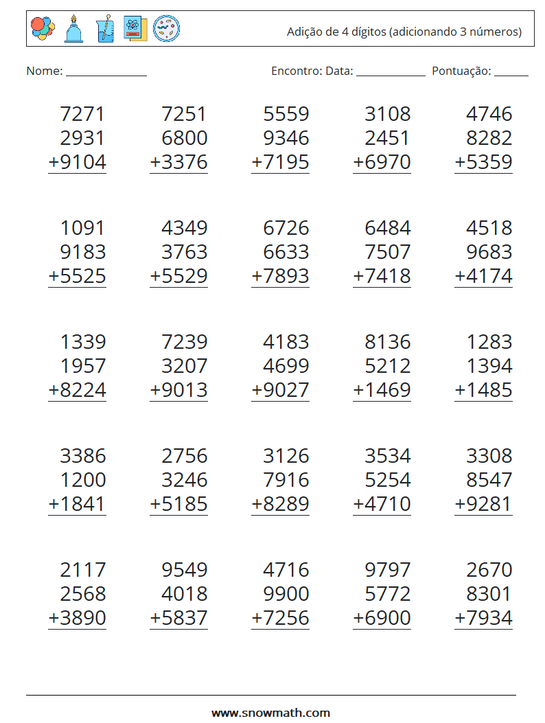 (25) Adição de 4 dígitos (adicionando 3 números) planilhas matemáticas 1