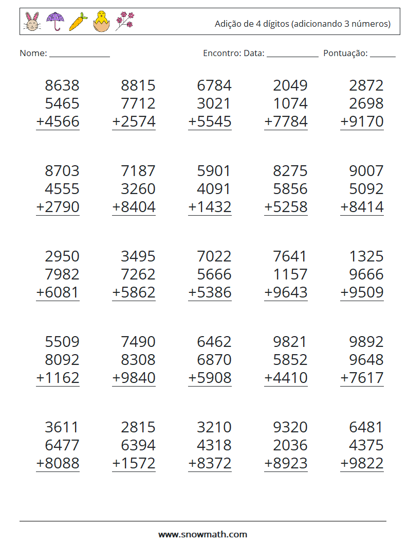 (25) Adição de 4 dígitos (adicionando 3 números) planilhas matemáticas 10