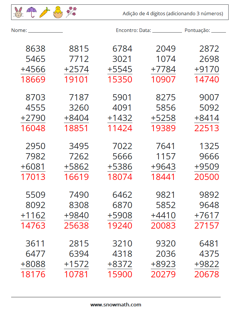 (25) Adição de 4 dígitos (adicionando 3 números) planilhas matemáticas 10 Pergunta, Resposta