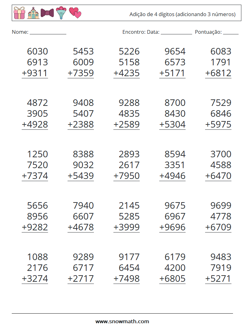 (25) Adição de 4 dígitos (adicionando 3 números) planilhas matemáticas 11