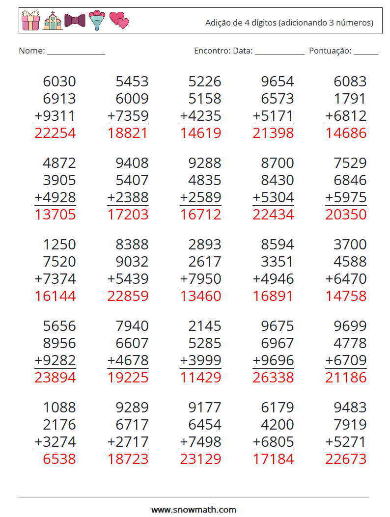 (25) Adição de 4 dígitos (adicionando 3 números) planilhas matemáticas 11 Pergunta, Resposta