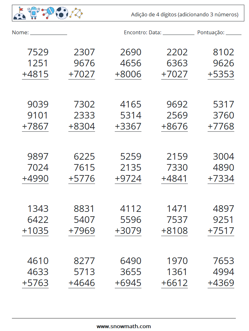 (25) Adição de 4 dígitos (adicionando 3 números) planilhas matemáticas 12