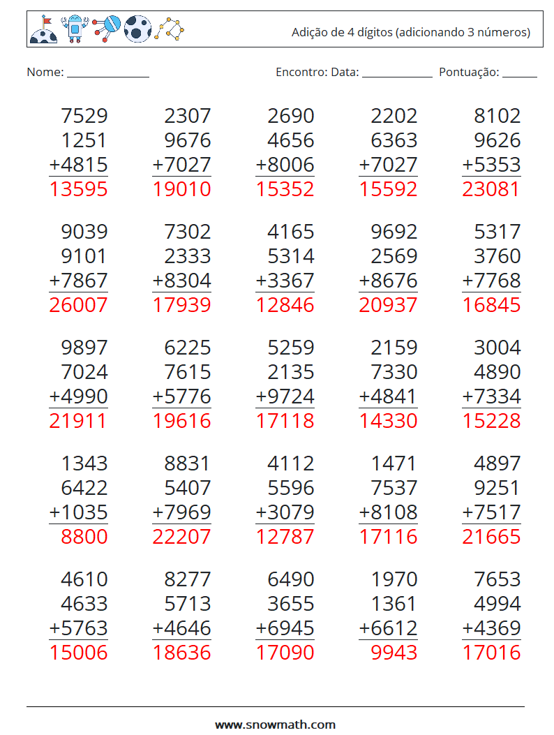 (25) Adição de 4 dígitos (adicionando 3 números) planilhas matemáticas 12 Pergunta, Resposta