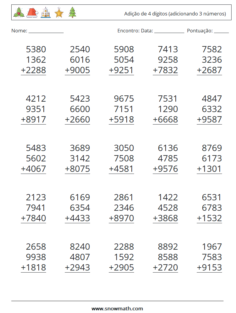 (25) Adição de 4 dígitos (adicionando 3 números) planilhas matemáticas 13