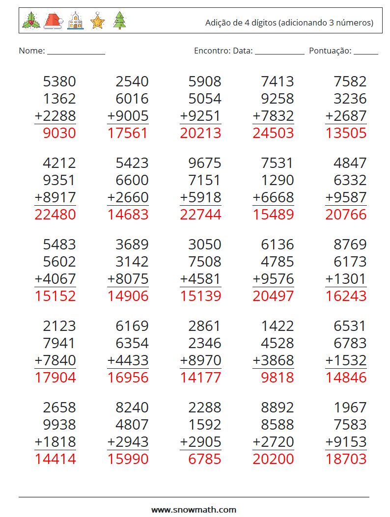 (25) Adição de 4 dígitos (adicionando 3 números) planilhas matemáticas 13 Pergunta, Resposta