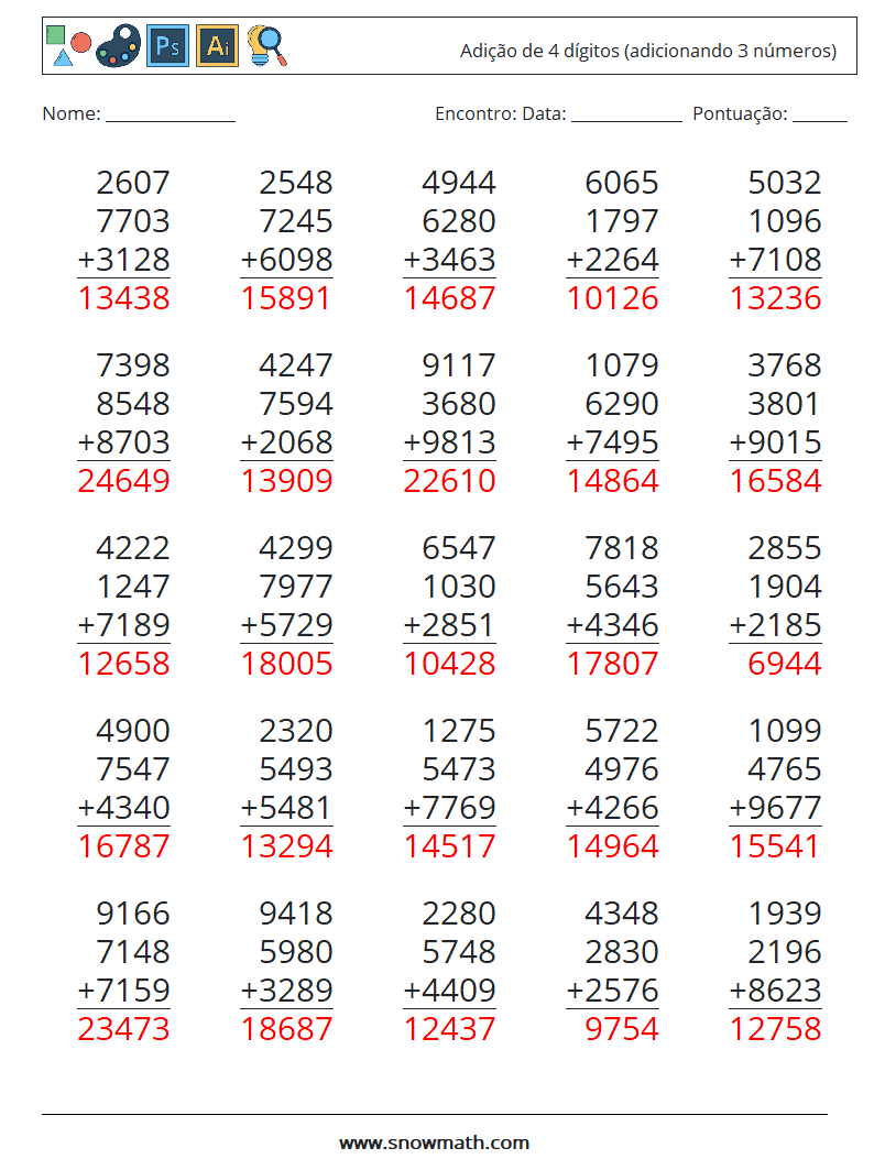 (25) Adição de 4 dígitos (adicionando 3 números) planilhas matemáticas 14 Pergunta, Resposta