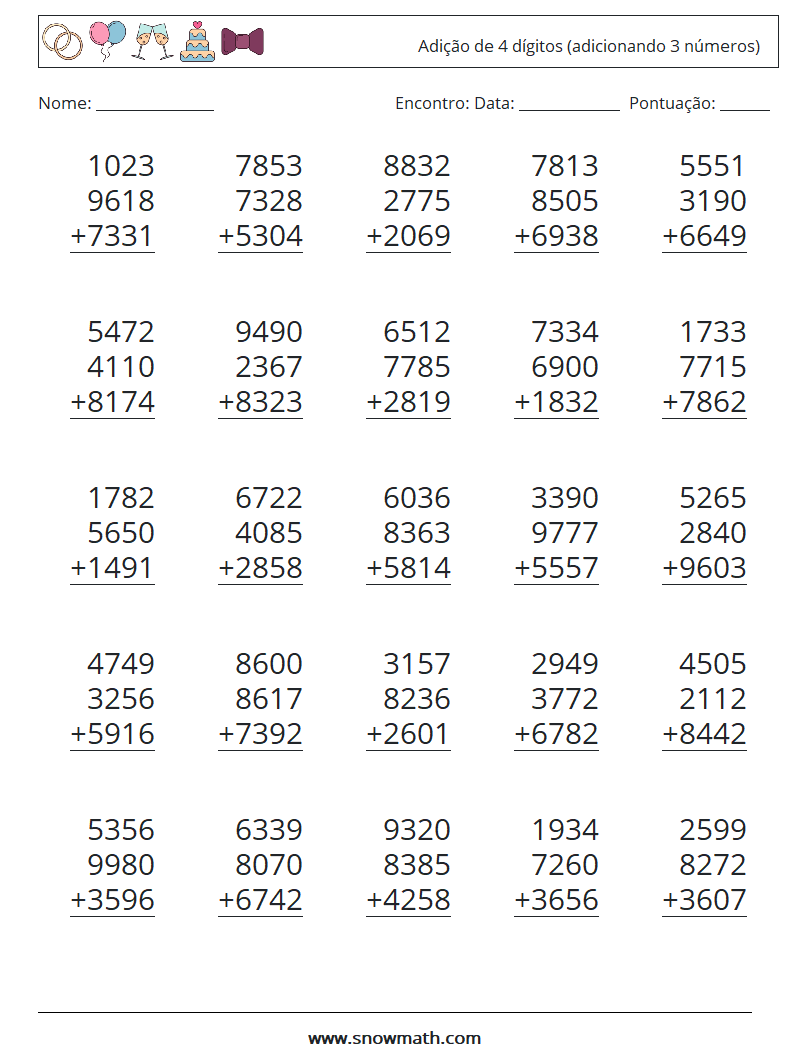 (25) Adição de 4 dígitos (adicionando 3 números) planilhas matemáticas 15