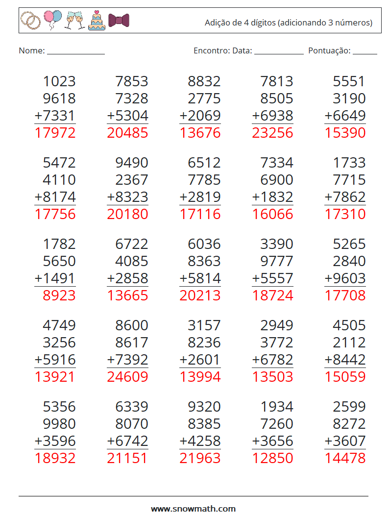 (25) Adição de 4 dígitos (adicionando 3 números) planilhas matemáticas 15 Pergunta, Resposta