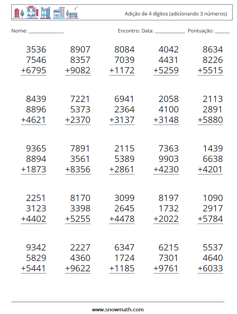 (25) Adição de 4 dígitos (adicionando 3 números) planilhas matemáticas 16