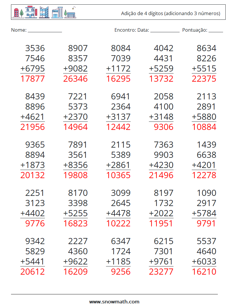 (25) Adição de 4 dígitos (adicionando 3 números) planilhas matemáticas 16 Pergunta, Resposta