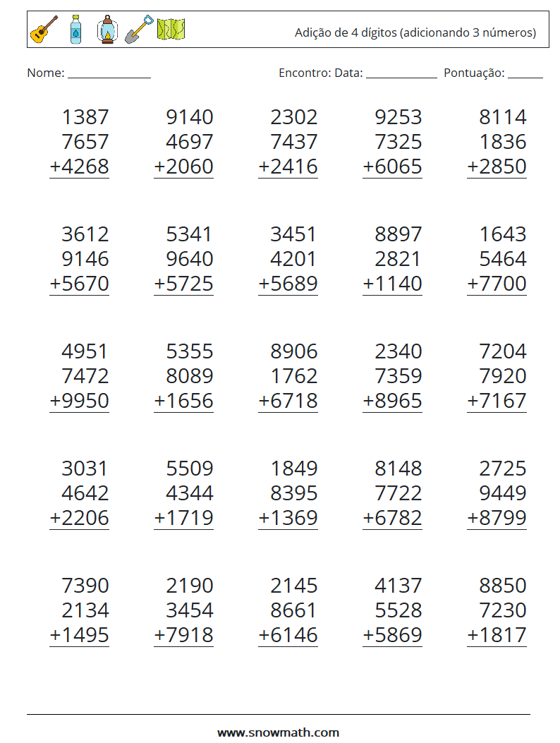 (25) Adição de 4 dígitos (adicionando 3 números) planilhas matemáticas 17