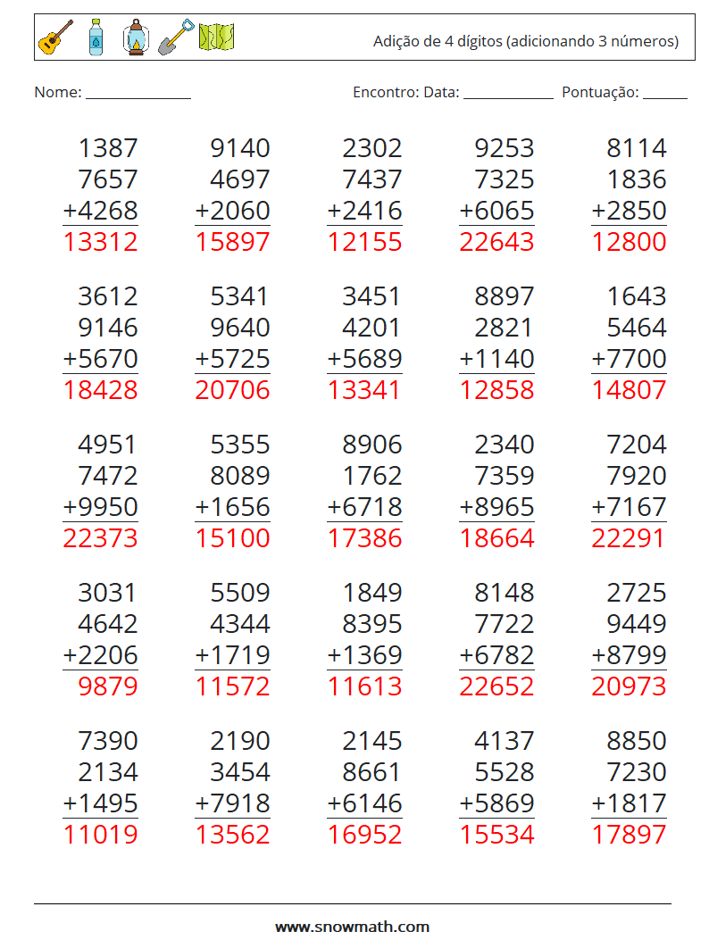 (25) Adição de 4 dígitos (adicionando 3 números) planilhas matemáticas 17 Pergunta, Resposta