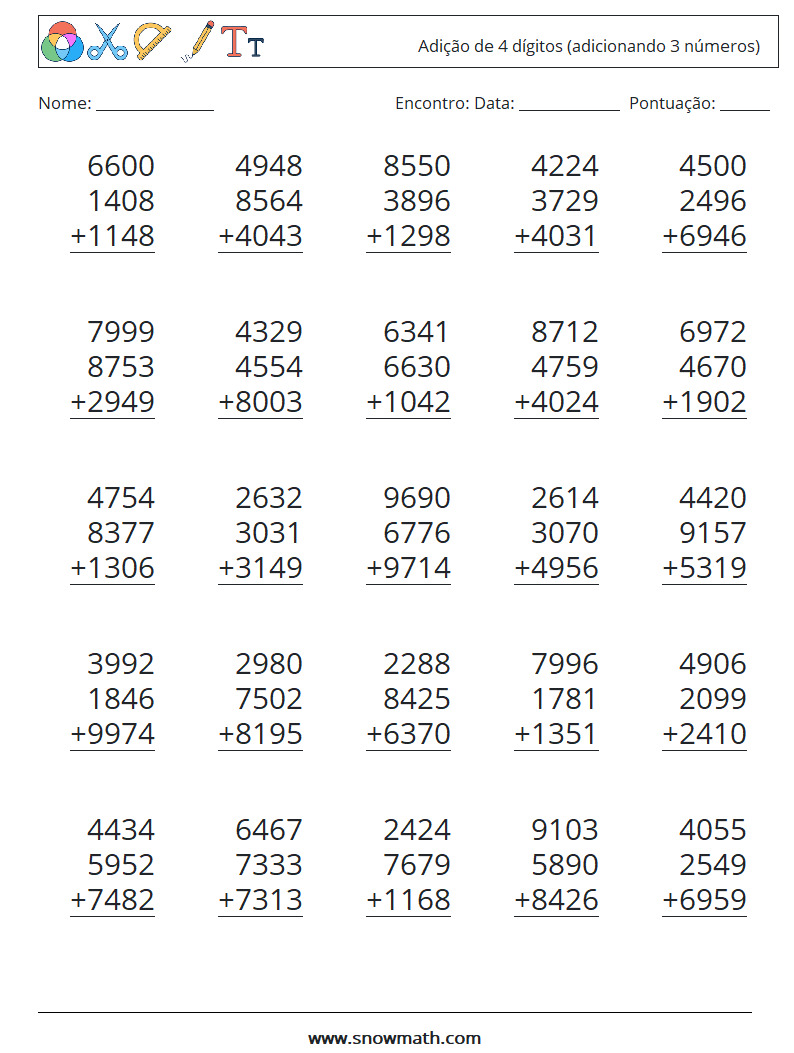 (25) Adição de 4 dígitos (adicionando 3 números) planilhas matemáticas 18