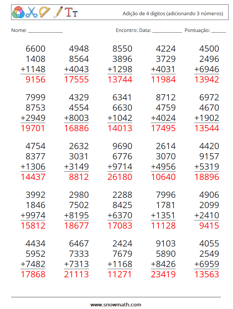 (25) Adição de 4 dígitos (adicionando 3 números) planilhas matemáticas 18 Pergunta, Resposta