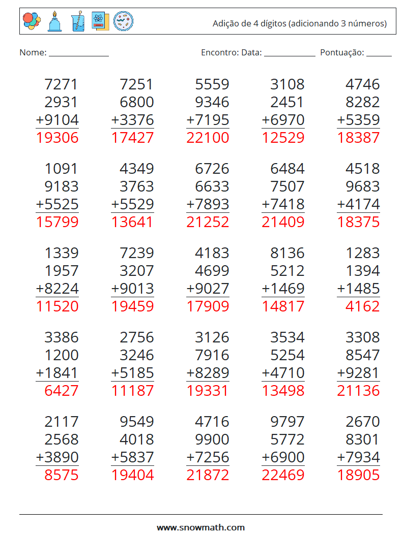 (25) Adição de 4 dígitos (adicionando 3 números) planilhas matemáticas 1 Pergunta, Resposta