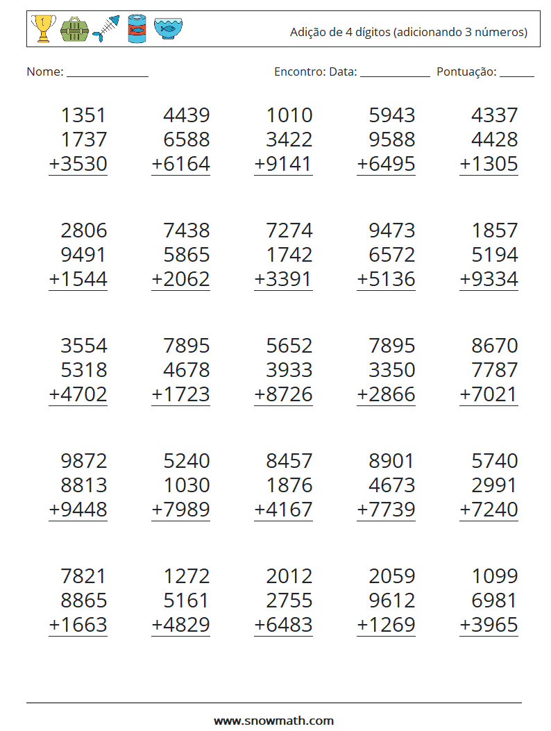 (25) Adição de 4 dígitos (adicionando 3 números) planilhas matemáticas 2