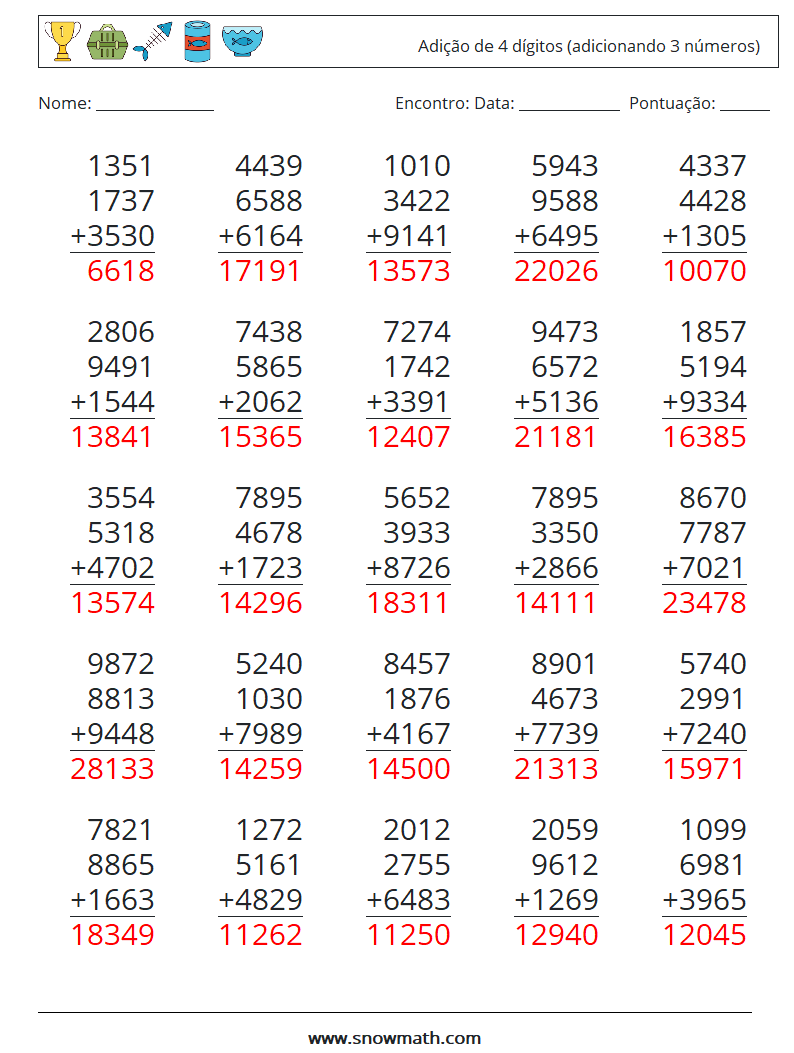 (25) Adição de 4 dígitos (adicionando 3 números) planilhas matemáticas 2 Pergunta, Resposta