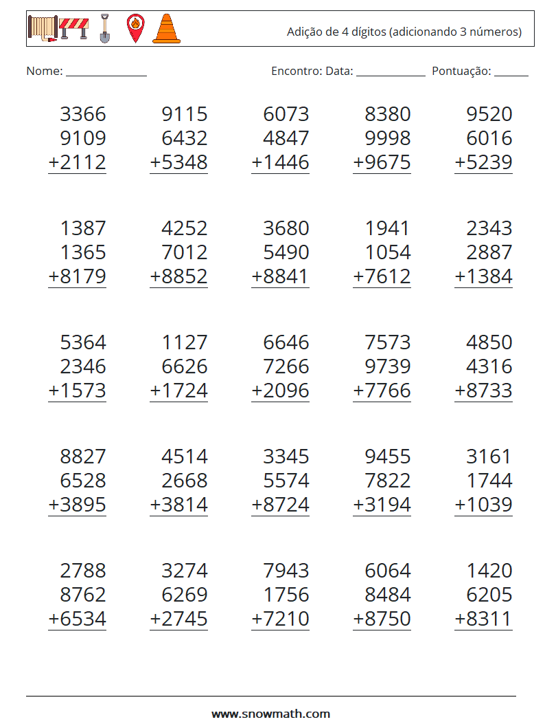 (25) Adição de 4 dígitos (adicionando 3 números) planilhas matemáticas 3