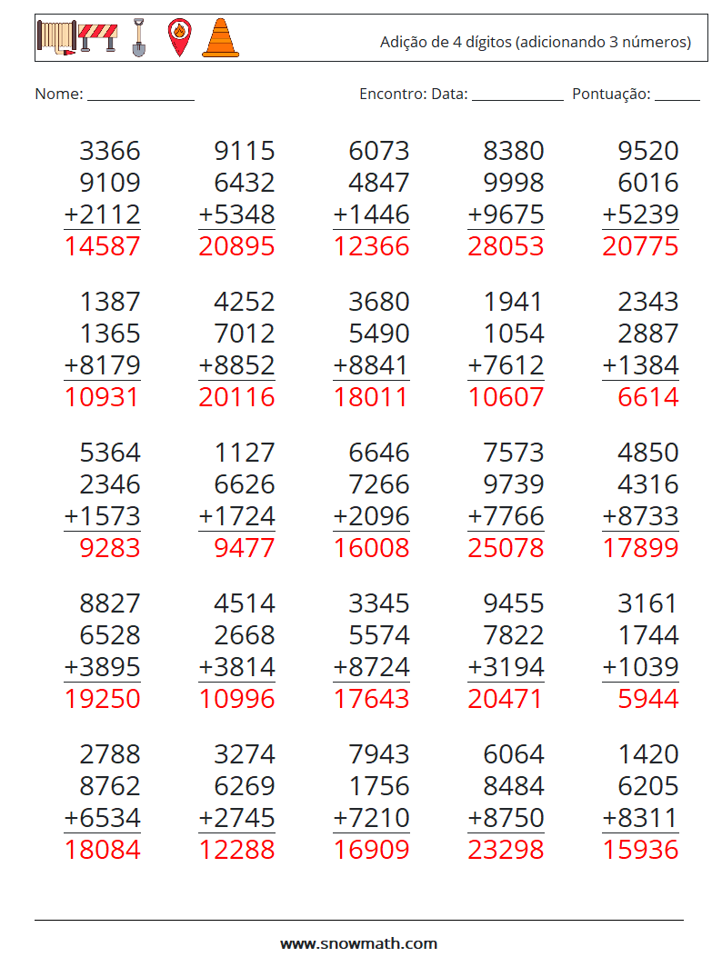 (25) Adição de 4 dígitos (adicionando 3 números) planilhas matemáticas 3 Pergunta, Resposta