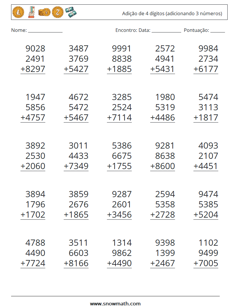 (25) Adição de 4 dígitos (adicionando 3 números) planilhas matemáticas 4