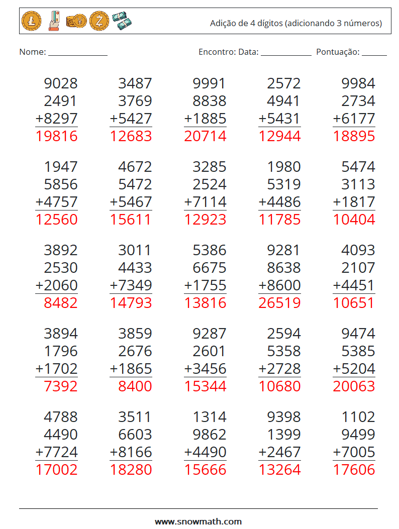 (25) Adição de 4 dígitos (adicionando 3 números) planilhas matemáticas 4 Pergunta, Resposta