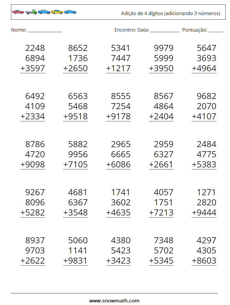 (25) Adição de 4 dígitos (adicionando 3 números) planilhas matemáticas 5