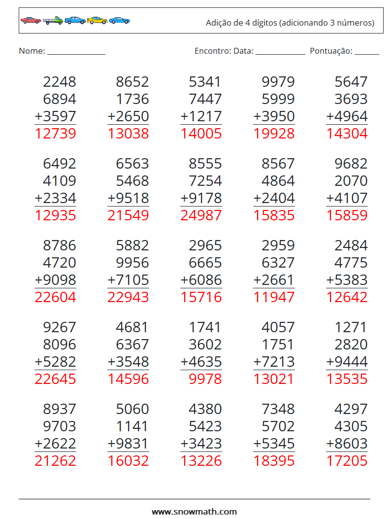 (25) Adição de 4 dígitos (adicionando 3 números) planilhas matemáticas 5 Pergunta, Resposta