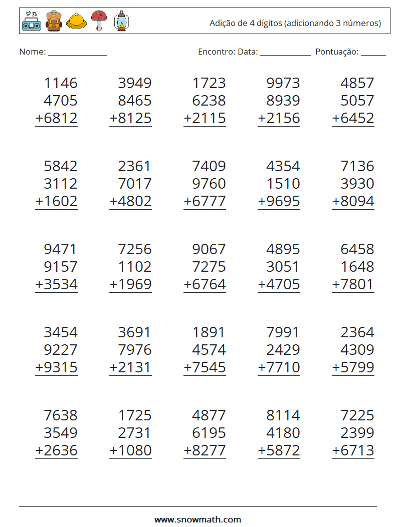 (25) Adição de 4 dígitos (adicionando 3 números) planilhas matemáticas 6