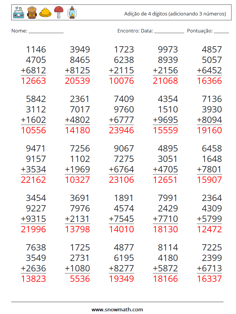 (25) Adição de 4 dígitos (adicionando 3 números) planilhas matemáticas 6 Pergunta, Resposta