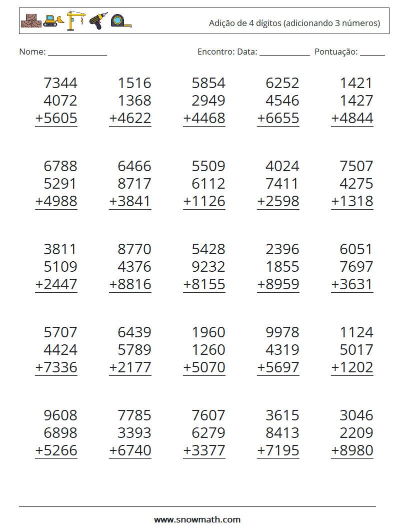 (25) Adição de 4 dígitos (adicionando 3 números) planilhas matemáticas 7