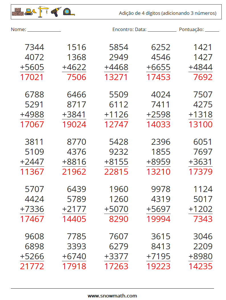 (25) Adição de 4 dígitos (adicionando 3 números) planilhas matemáticas 7 Pergunta, Resposta